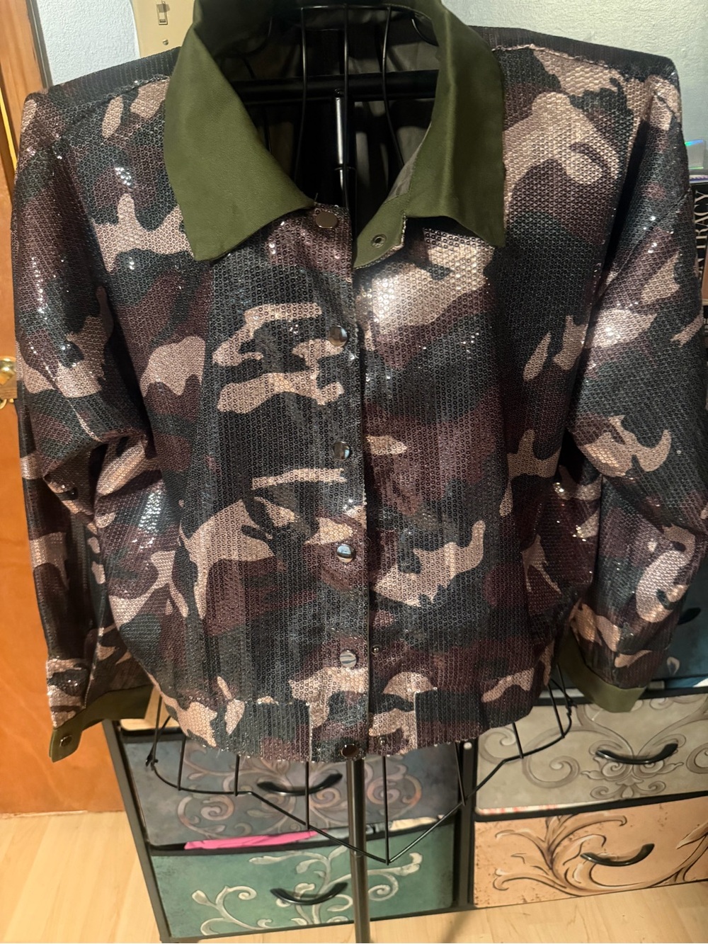Sequin Camo Button-Front Jacket with Olive Trim - 1X - New - Picture 2 of 3
